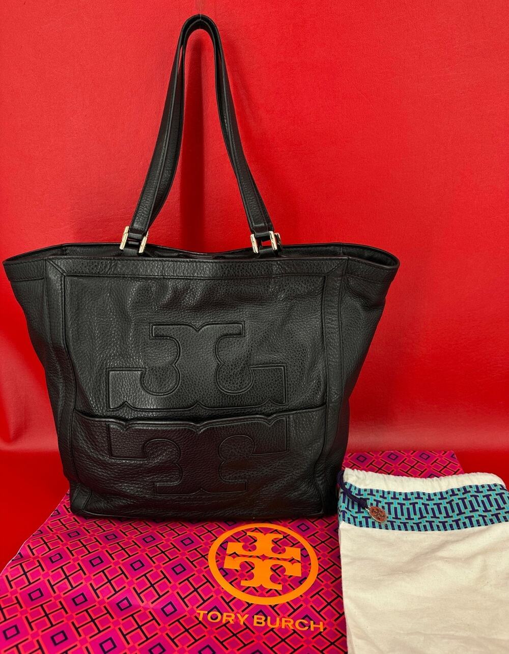 Tory Burch Jessica Large Size Black Pebbled Leather Tote Bag W/Dust & Shop Bag